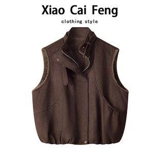 高级感鹿皮绒机车坎肩马甲外套女冬装潮酷羊羔毛宽松加厚保暖马夹