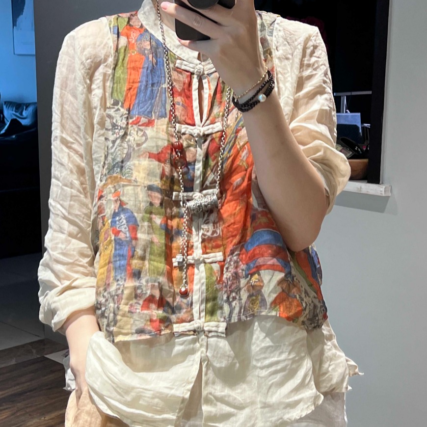 新中式国风盘扣印花衬衫女春秋新款苎麻长袖小衫假两件套别致上衣