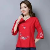 Этническая летняя футболка, этнический стиль, с вышивкой, из хлопка и льна, свободный крой, облегающий крой, короткий рукав