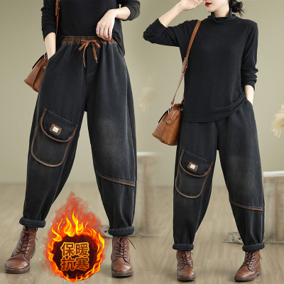 复古做旧贴布加绒牛仔哈伦裤女冬季大码胖mm宽松遮肉灯笼萝卜裤潮