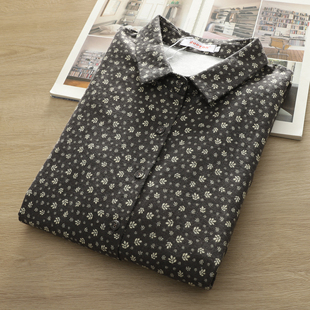上衣潮 翻领衬衣休闲打底衫 复古小碎花磨毛全棉衬衫 女春秋文艺长袖