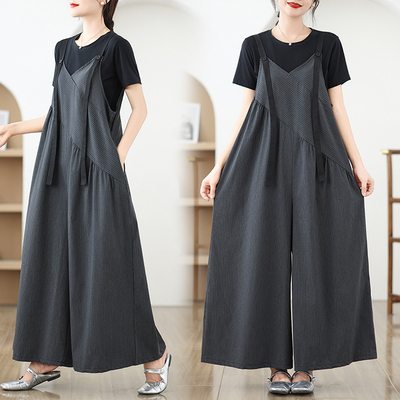 小众穿搭工装吊带连体裤女夏季洋气条纹拼接收腰长款直筒连衣裤潮