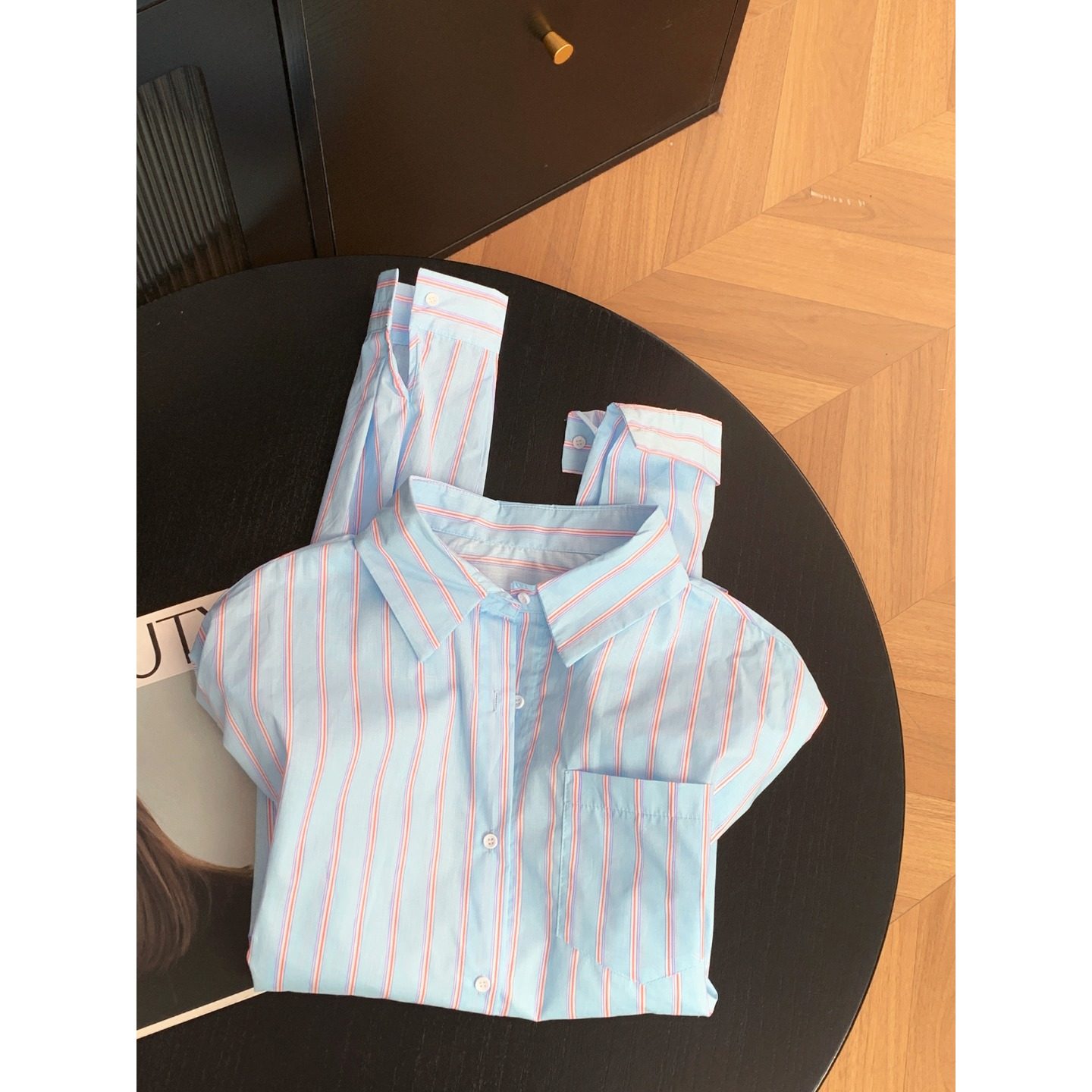 韩版时尚竖条纹polo领长袖衬衫女春秋宽松百搭衬衣可外穿开衫上衣