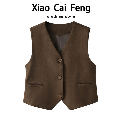 复古咖色V领西装马甲背心外套女2025秋季新款麂皮绒无袖短款上衣