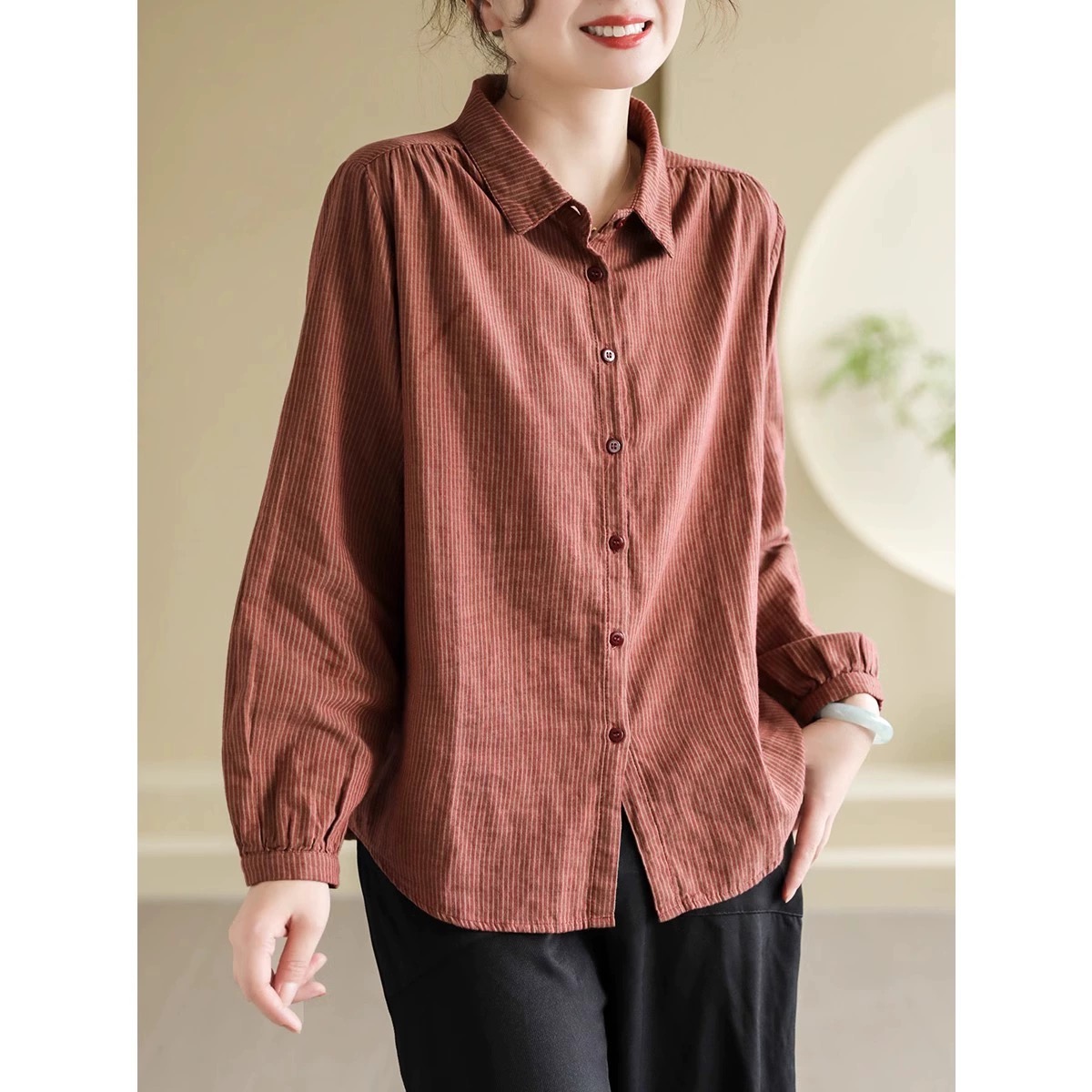 复古条纹双层棉纱长袖衬衫女春秋新款休闲叠穿衬衣显瘦减龄上衣潮