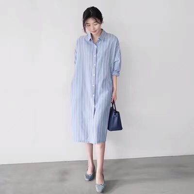 韩版BF风条纹衬衫裙女春秋宽松中长款chic过膝长袖百搭休闲连衣裙
