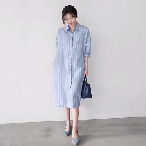 韩版BF风条纹衬衫裙女春秋宽松中长款chic过膝长袖百搭休闲连衣裙