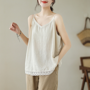 清仓捡漏 日系亚麻V领蕾丝花边吊带背心内搭打底 外贸大牌专柜女装