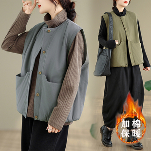 日系复古夹棉绗缝马甲背心女秋冬洋气时髦大口袋休闲无袖 棉衣外套