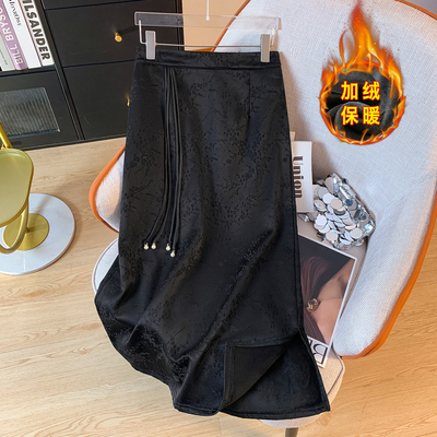 新中式黑色流苏提花加绒半身裙女秋冬开叉包臀裙a字裙垂感中长裙
