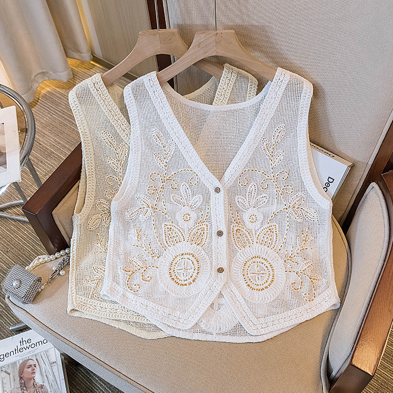 韩版薄款刺绣针织V领马甲背心女夏季镂空钩花宽松显瘦ins百搭马甲