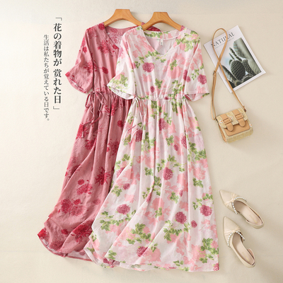 苎麻碎花连衣裙女夏季复古印花收腰系带大摆长裙子亚麻短袖a字裙