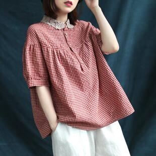 短袖 蕾丝钩花翻领拼接棉麻格子衬衫 上衣 女装 文艺复古休闲宽松大码