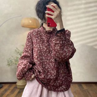 复古森系木耳边碎花衬衫女春秋气质减龄百搭衬衣苎麻上衣别致小衫