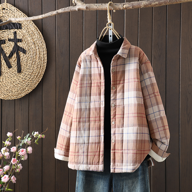 复古格子翻领衬衫棉服夹棉短外套女秋冬轻薄保暖棉袄宽松休闲棉衣