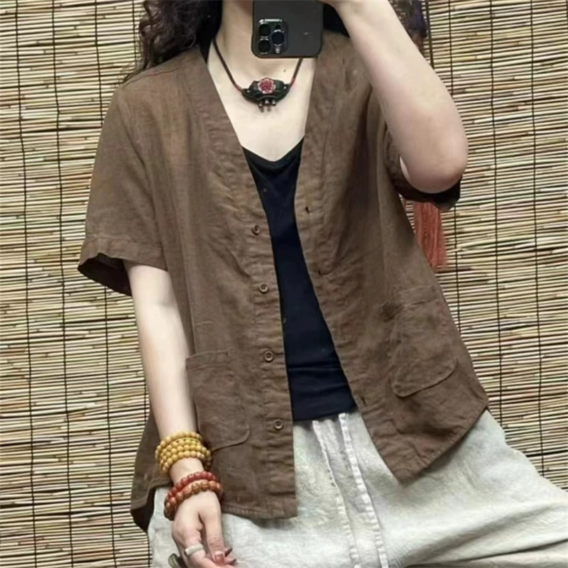 复古短袖苎麻上衣防晒开衫薄款女夏季棉麻衬衫宽松亚麻西装外套图片