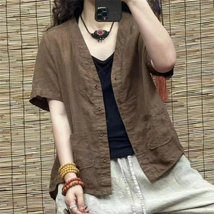 苎麻上衣防晒开衫 女夏季 复古短袖 薄款 外套 棉麻衬衫 宽松亚麻西装