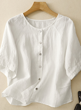 高端苎麻白色短袖衬衫女夏季简约通勤宽松短款小衫独特别致上衣潮