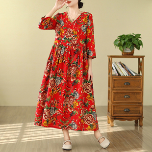 棉麻东北大花连衣裙女夏季复古中国风印花长裙子亚麻气质大摆裙潮