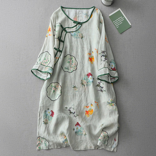 新中式苎麻印花A字裙女夏季复古国风圆领斜襟盘扣茶服连衣裙上衣