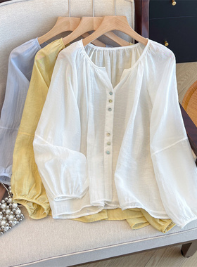 法式灯笼袖白色防晒衬衫女夏季新款大码胖MM简约宽松长袖苎麻上衣