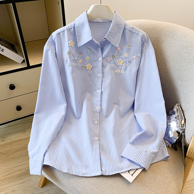 韩系清新蓝白条纹长袖衬衫女春秋时尚刺绣花朵内搭可外穿打底衬衣