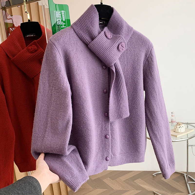 紫色软糯针织毛衣外套女2025秋冬配立体绣花围巾洋气漂亮开衫上衣