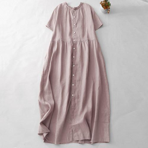 日系亚麻短袖衬衫裙女夏季设计感小众木耳边慵懒风开衫大摆连衣裙