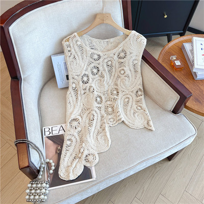 波西米亚风钩花镂空马甲女夏季大码胖mm不规则斜边叠穿背心上衣潮
