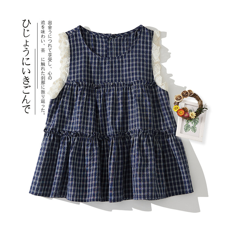 复古格子蕾丝拼接背心衬衫女夏季设计感两穿飞飞袖上衣减龄娃娃衫