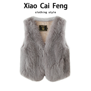 仿狐狸毛马甲背心女秋冬年轻款v领环保皮草皮毛一体无袖坎肩上衣