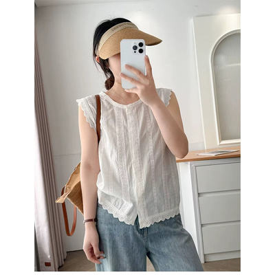 韩系蕾丝花边小飞袖背心衬衫女夏季别致漂亮减龄无袖小衫白色上衣