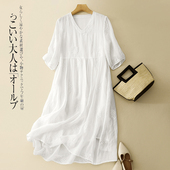 国风苎麻刺绣白色连衣裙女夏季 设计感灯笼袖 绣花超仙显瘦长裙子潮