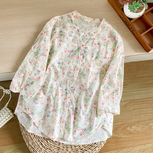 娃娃衫 衬衫 上衣女夏季 宽松文艺通勤圆领棉麻碎花中袖 韩版 2024新款