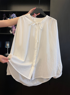 白色苎麻防晒衬衫女夏季薄款宽松休闲百搭慵懒风灯笼长袖亚麻上衣