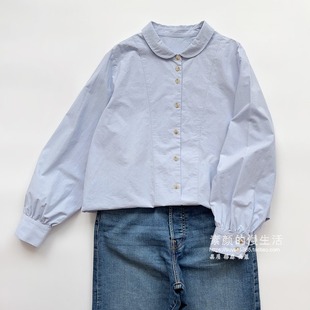 日系减龄娃娃领衬衣通勤叠穿内搭上衣潮 女春季 浅蓝色纯棉长袖 衬衫