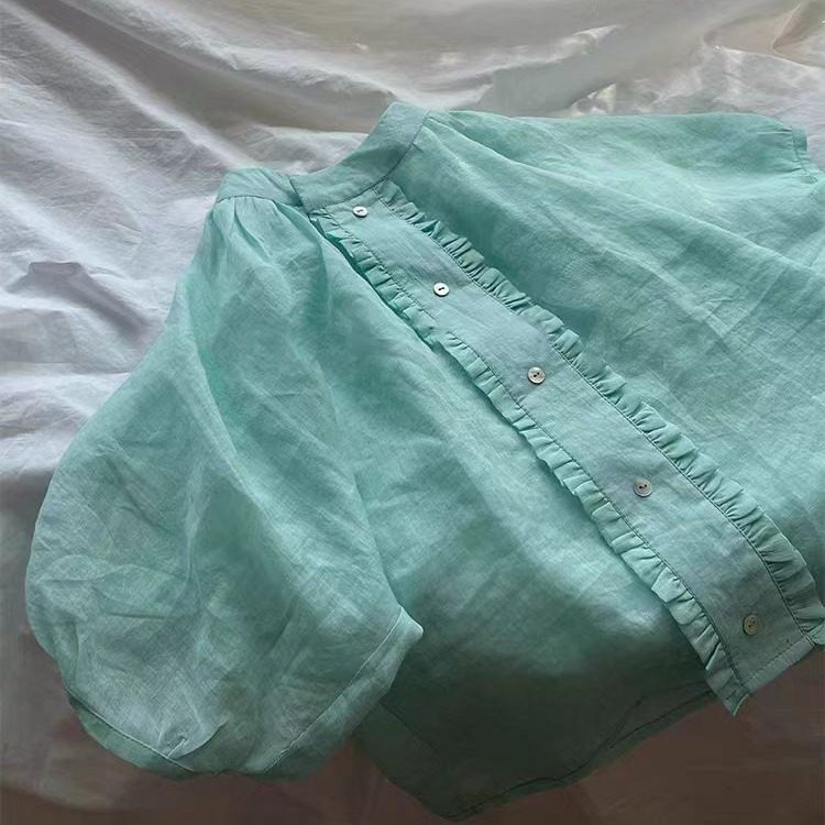 薄荷绿短袖衬衫女夏季法式温柔风泡泡袖小衫宽松显瘦花边领上衣潮图片