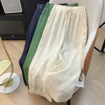 复古国风刺绣苎麻阔腿裤女夏季高腰气质薄款双层垂感亚麻休闲裤裙