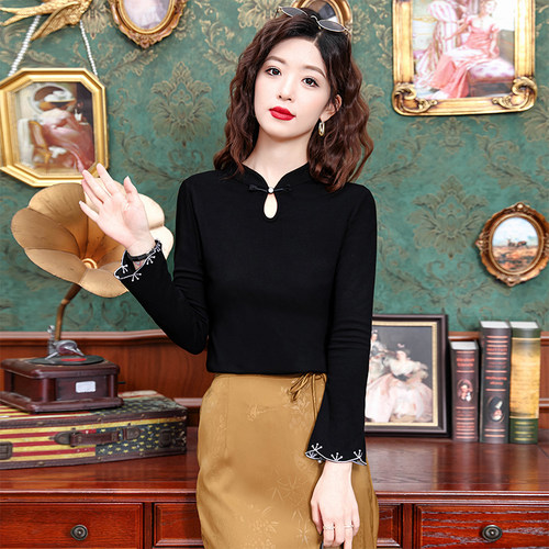 新中式镂空盘扣刺绣改良旗袍T恤女秋冬大码胖mm修身内搭打底上衣