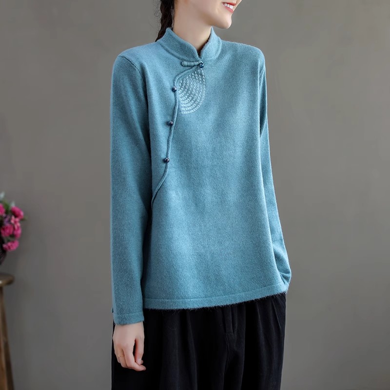 国风立领斜襟针织衫毛衣女秋冬复古内搭中式禅意茶服长袖别致上衣