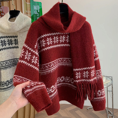 圣诞红色费尔岛提花毛衣针织衫女2025秋冬配围巾宽松加厚保暖上衣