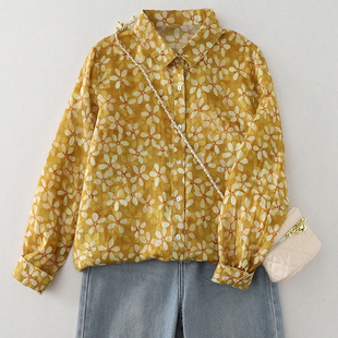 法式复古碎花长袖衬衫女秋季小众宽松polo领开衫衬衣黄色印花上衣