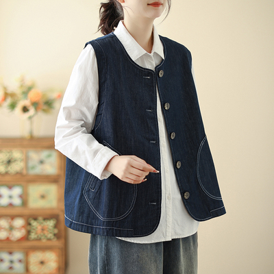 文艺复古牛仔马甲背心女春秋新款气质圆领马夹叠穿无袖上衣外套潮