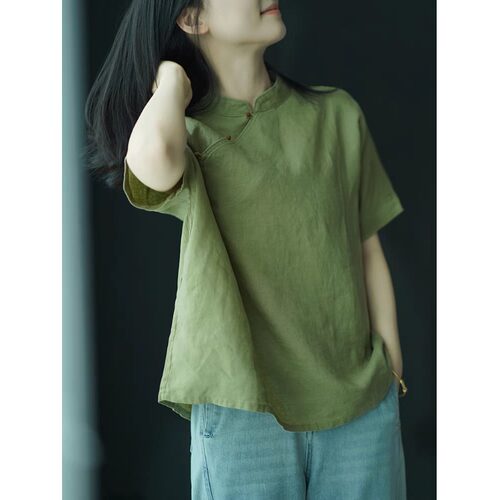 新中式棉麻衬衫女夏季高端亚麻短袖立领小衫复古苎麻禅意茶服上衣