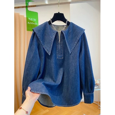 复古高级感蓝色牛仔衬衫女式春季宽松设计感小众娃娃领套头上衣潮