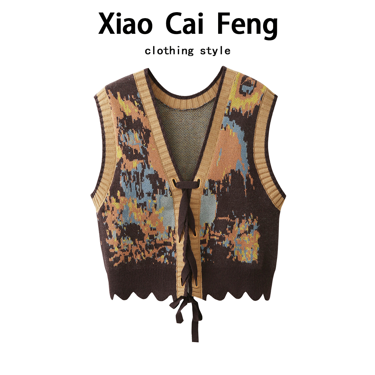 向日葵油画高级感抽绳V领针织马甲女设计百搭无袖坎肩小个子上衣