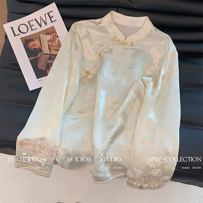 新中式斜襟提花缎面衬衫上衣女洋气高级感轻国风改良旗袍衬衣小衫