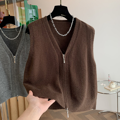 气质v领拉链针织衫马甲外套女秋冬2025新款宽松显瘦无袖坎肩毛衣