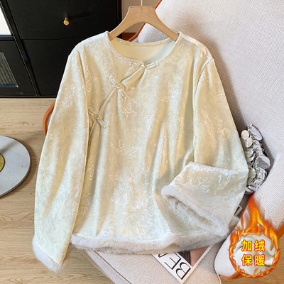 新中式斜襟盘扣丝绒衬衫女秋冬国风复古加绒加厚改良旗袍保暖上衣