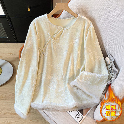 新中式斜襟盘扣丝绒衬衫女秋冬国风复古加绒加厚改良旗袍保暖上衣